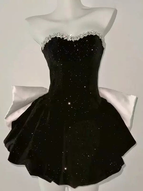 Black Velvet Short Beaded Party Dress with Bow, Black Velvet Homecoming Dress